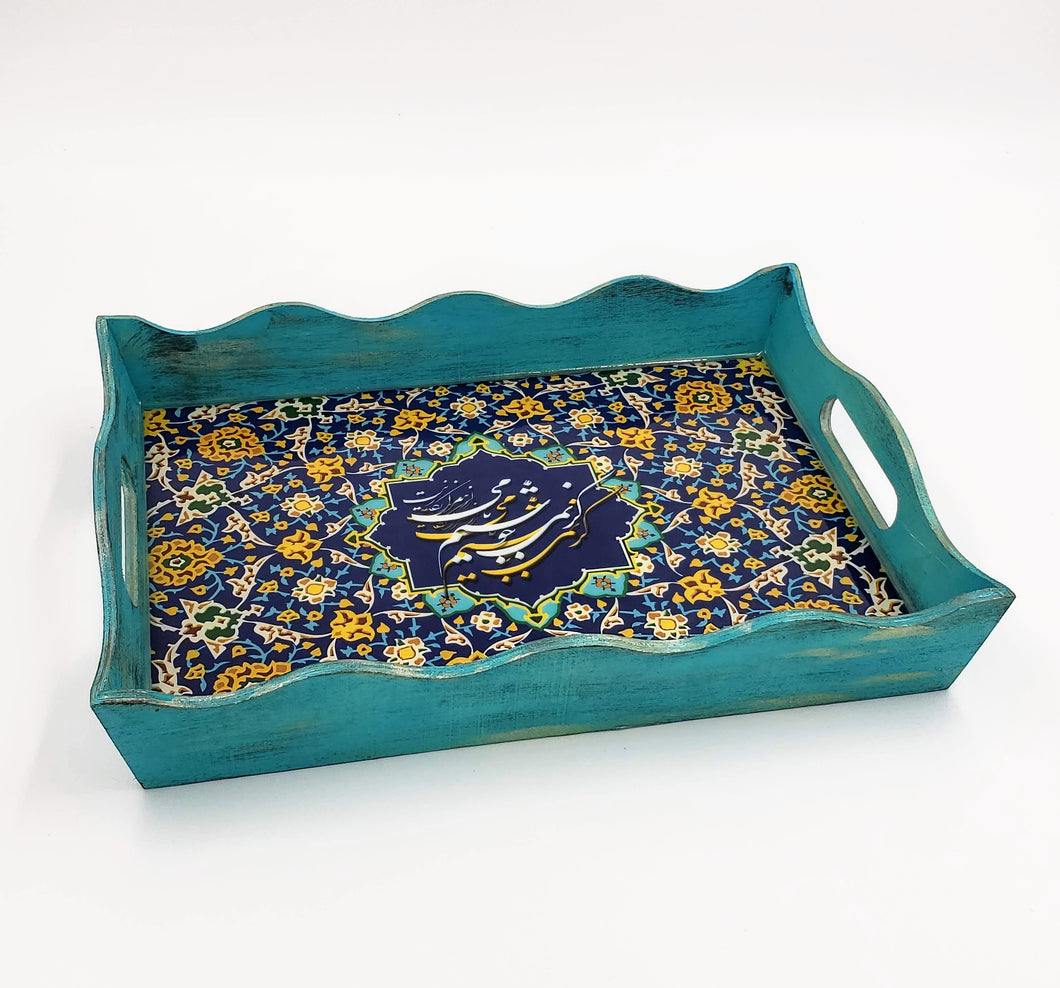 PARAND- Turquoise Blue Pine Wood Rectangle Serving Tray