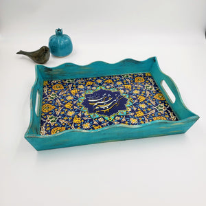 PARAND- Turquoise Blue Pine Wood Rectangle Serving Tray