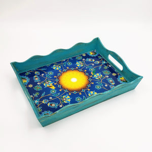 TARA- Turquoise Blue Pine Wood Rectangle Serving Tray-Large