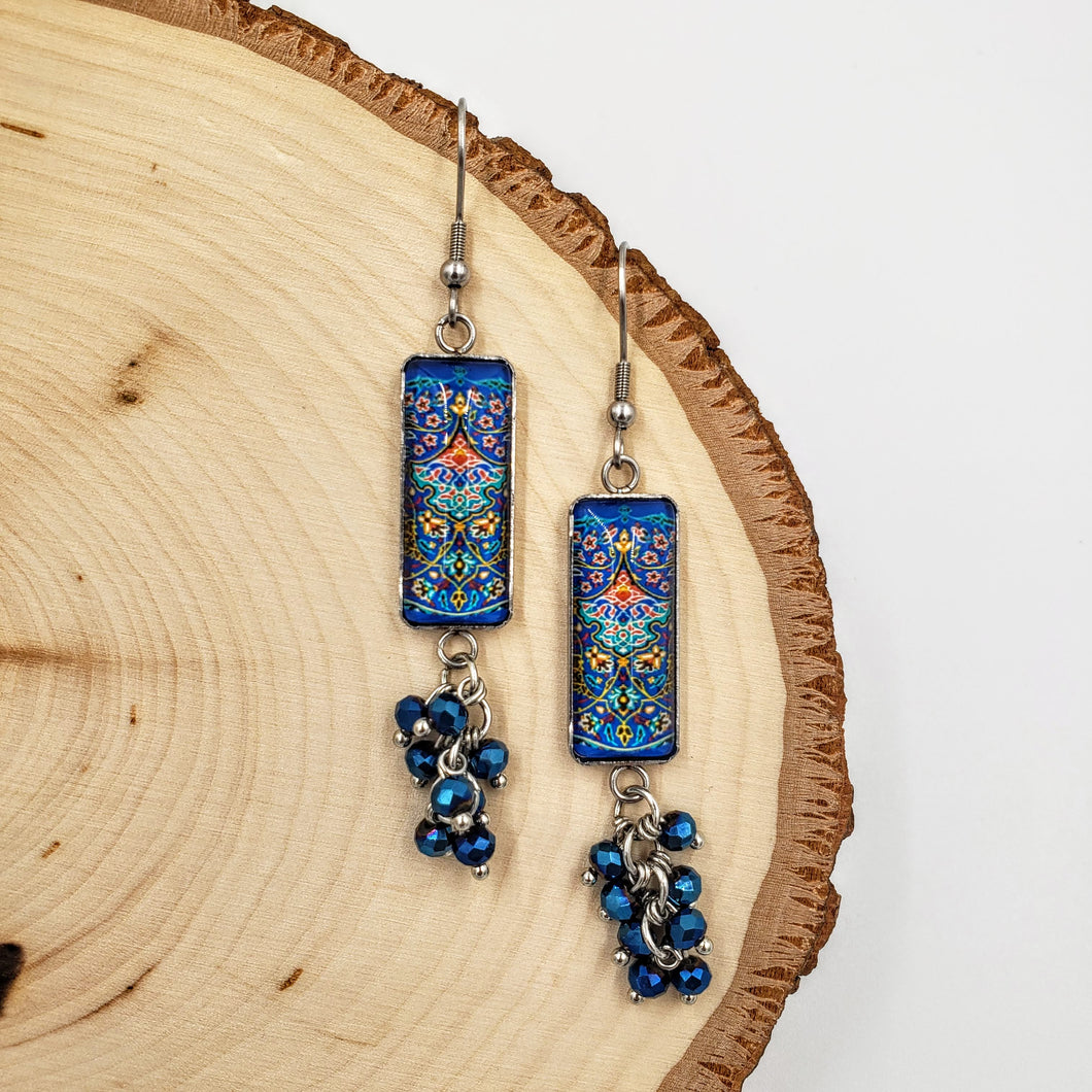 ANUSHEH- Stainless Steel Persian Blue Iris glass Beads Dangle Earrings