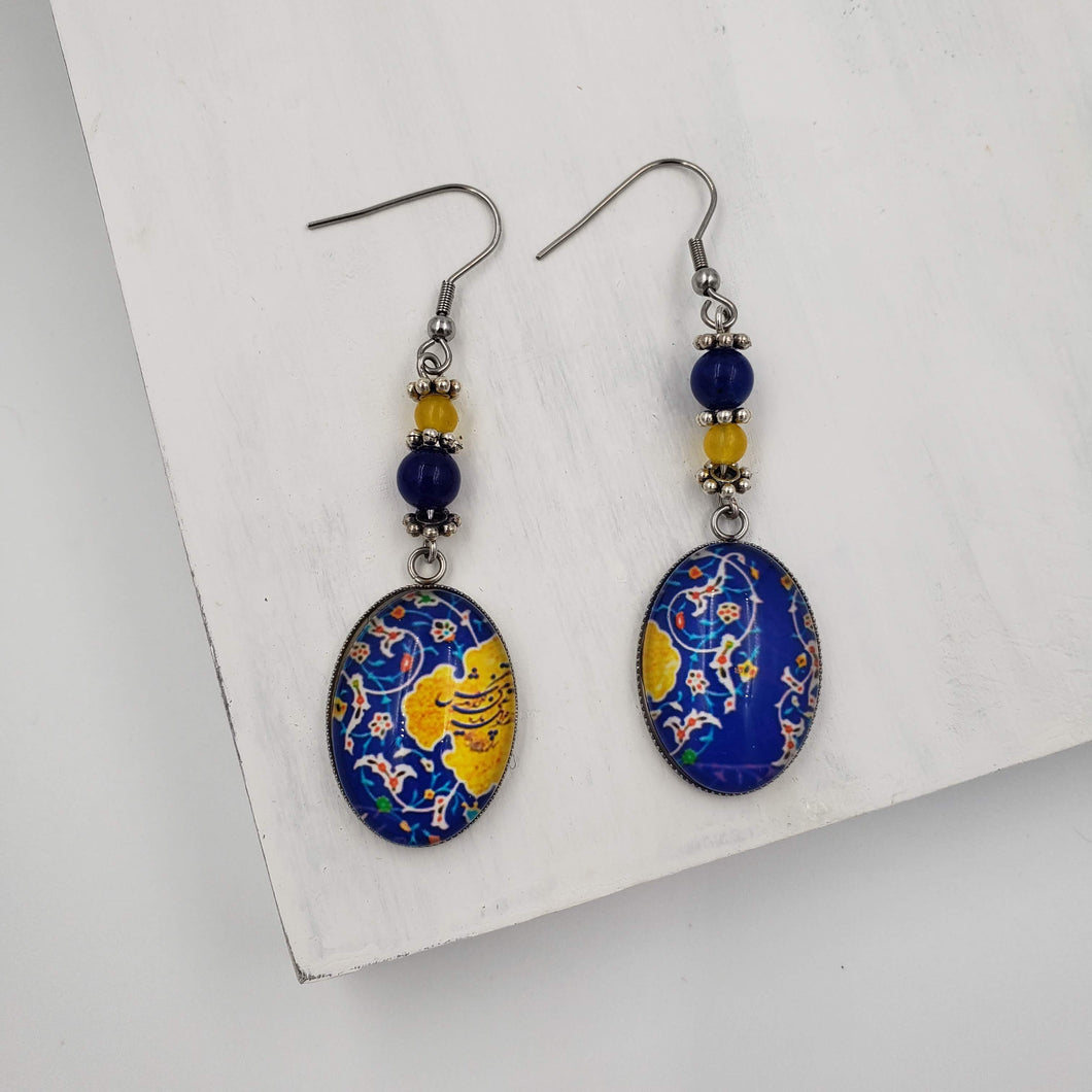 AKRAM - Stainless Steel Persian Lapis Lazuli yellow Chalcedony Gemstone Dangle Earrings