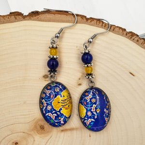 AKRAM - Stainless Steel Persian Lapis Lazuli yellow Chalcedony Gemstone Dangle Earrings