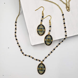 ATENA- Gold plated Teardrop Persian Black Obsidian Gemstone Dangle Earrings Necklace set