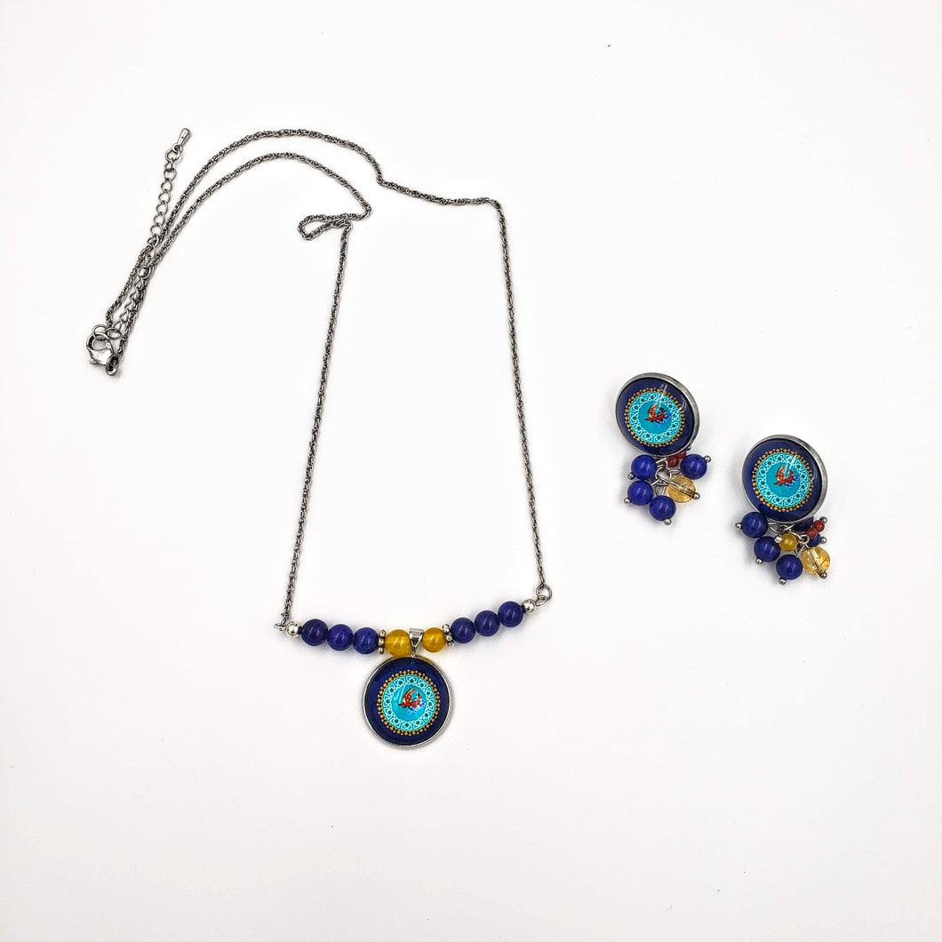 ALMA- Gold plated Persian Lapis Lazuli yellow Chalcedony Citrine Gemstone Dangle Earrings Necklace set