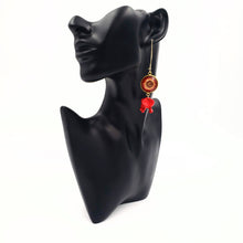 Load image into Gallery viewer, ARASTEH-  Gold Plated Red Persian Calligraphy Dangle Earrings
