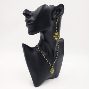 ATENA- Gold plated Teardrop Persian Black Obsidian Gemstone Dangle Earrings Necklace set